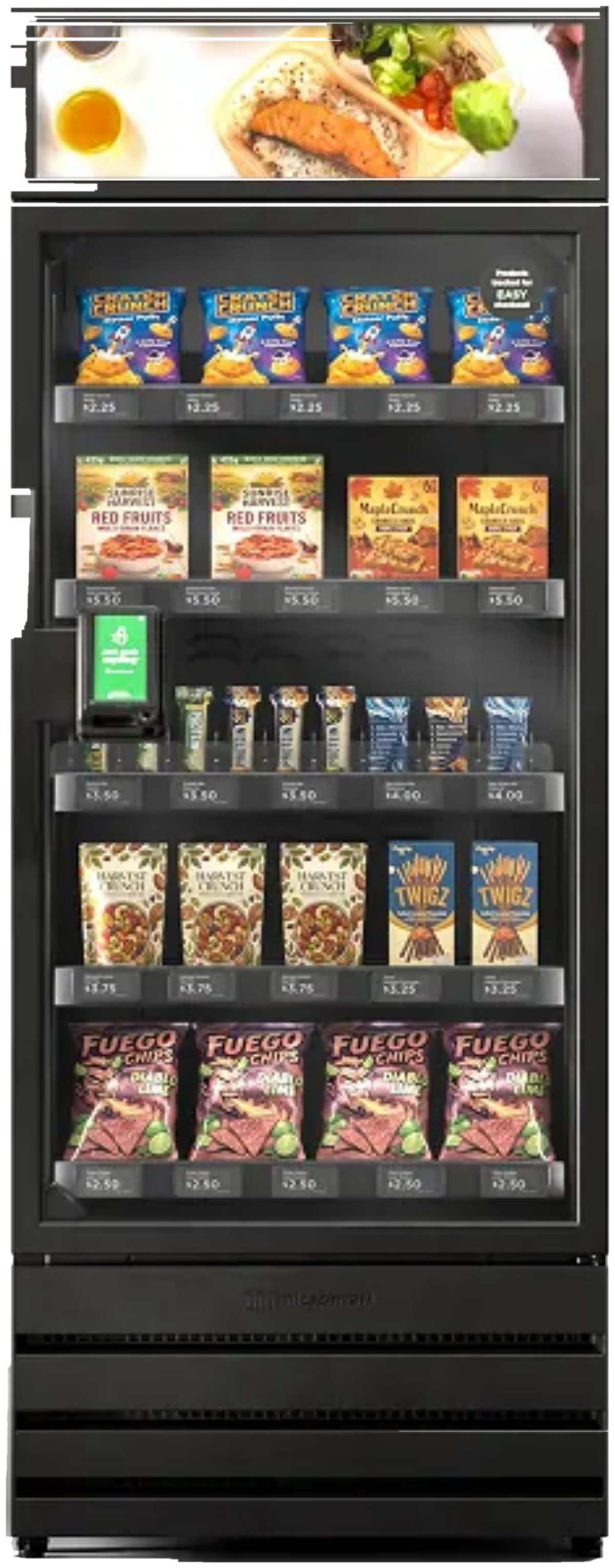 Modern Quick Crave Snacks combo vending machine with lit glass front